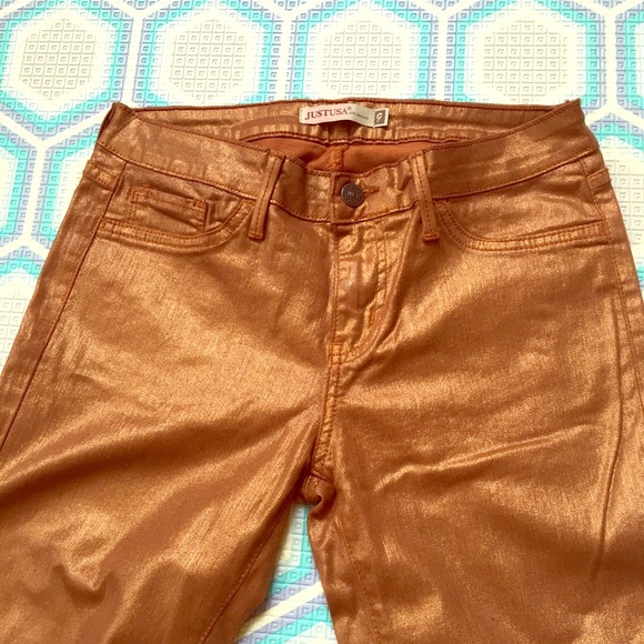 Copper rose gold foil lame metallic skinny jeans - Picture 2 of 9